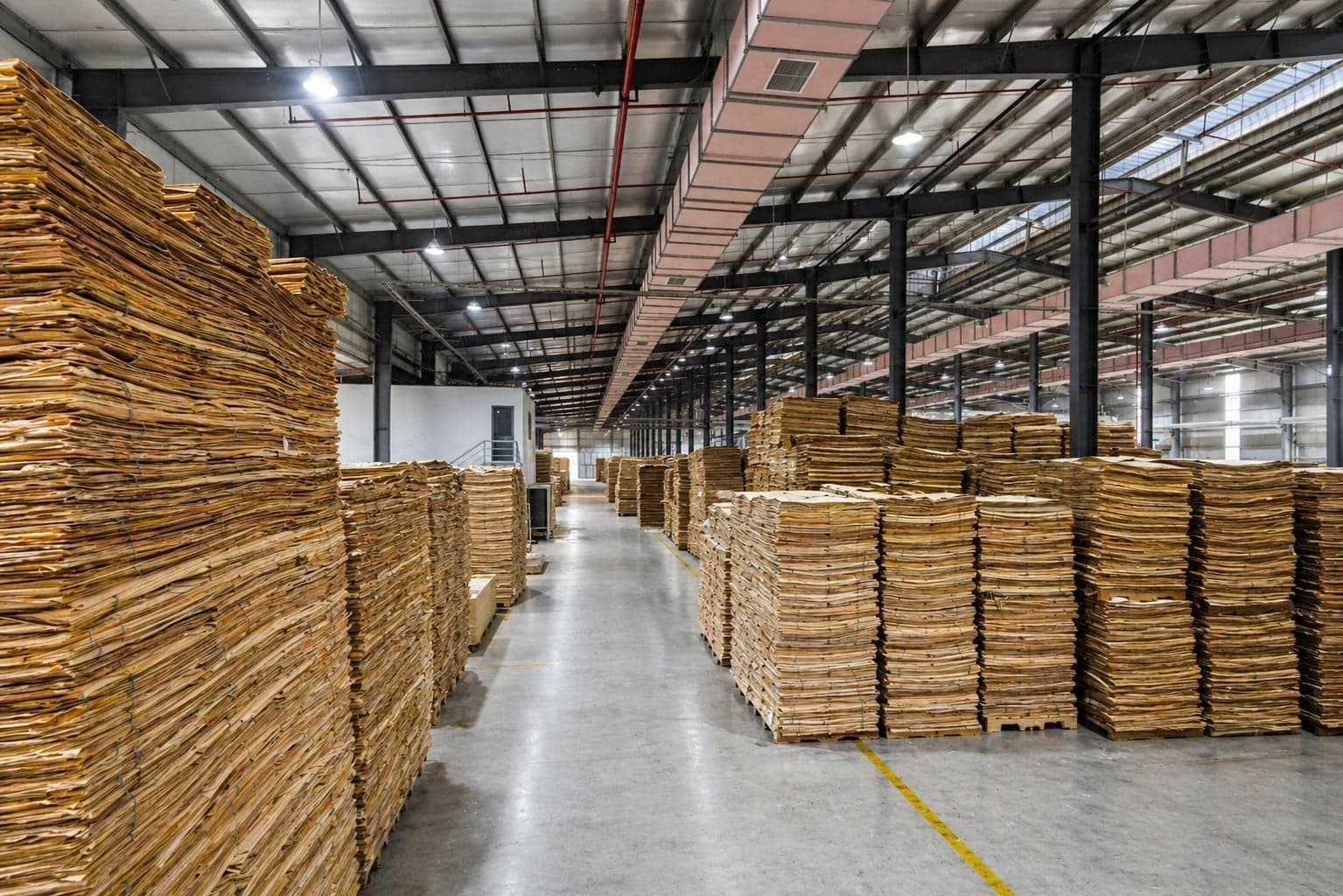 Dried veneer sheets stacked in mill storage