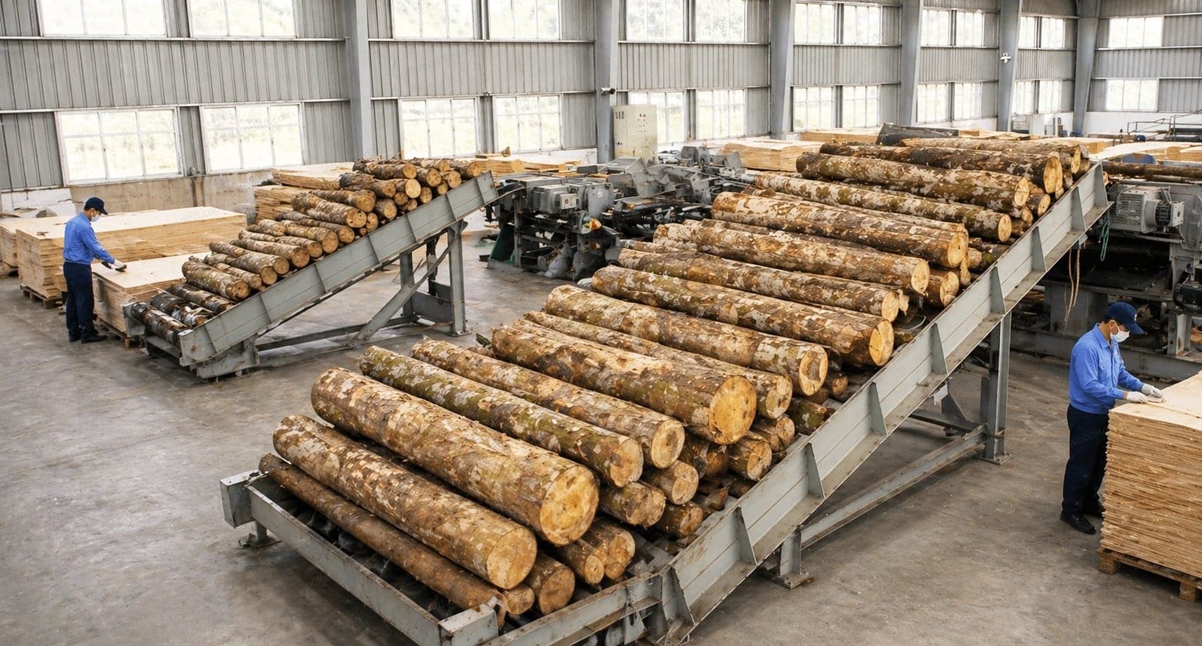 Log selection and rotary peeling line in a Vietnam plywood mill
